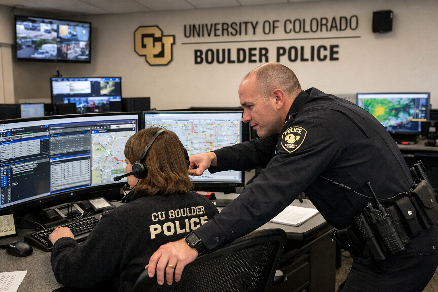 Campus police dispatcher at workstation