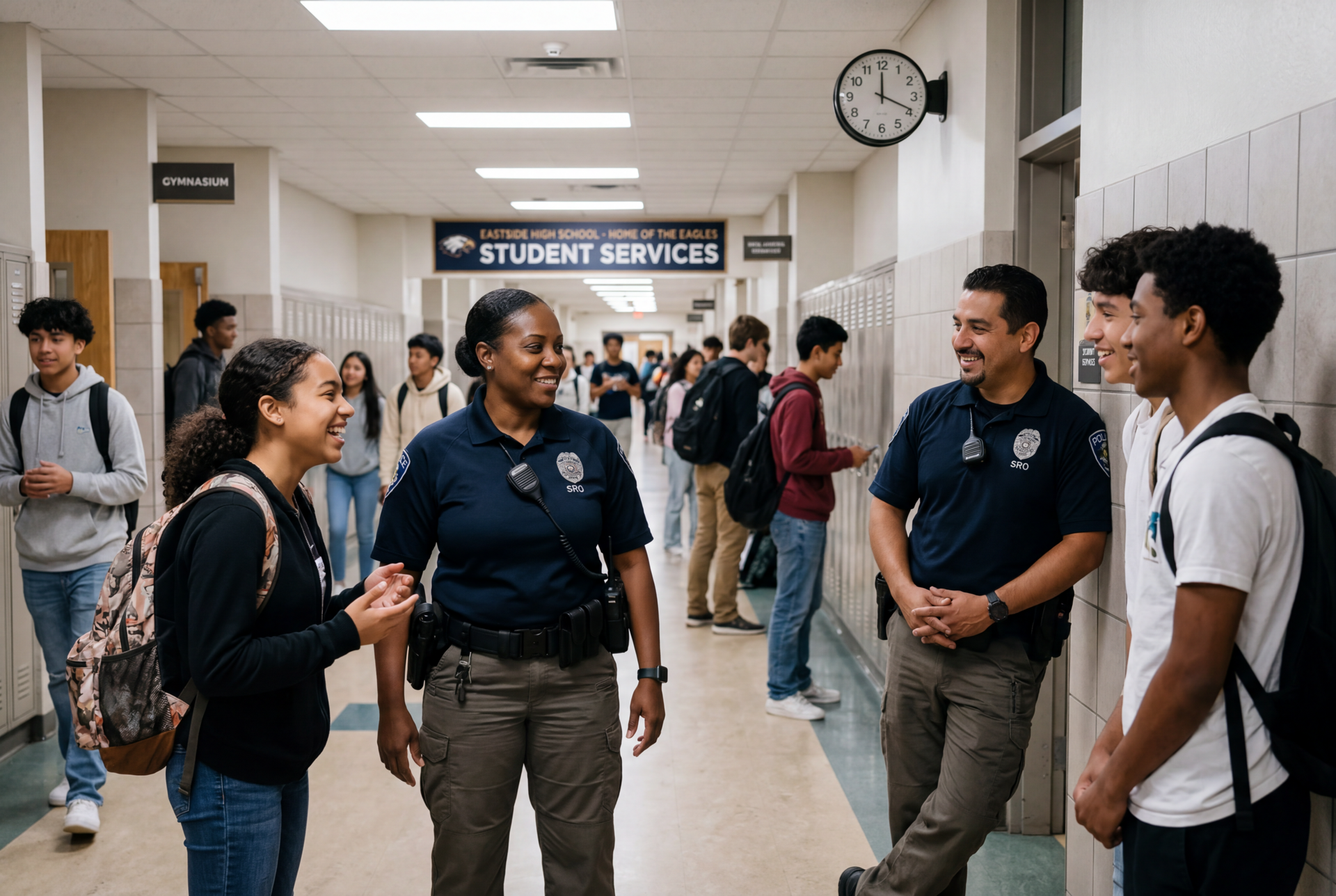 School resource officer at a high school engaging with students