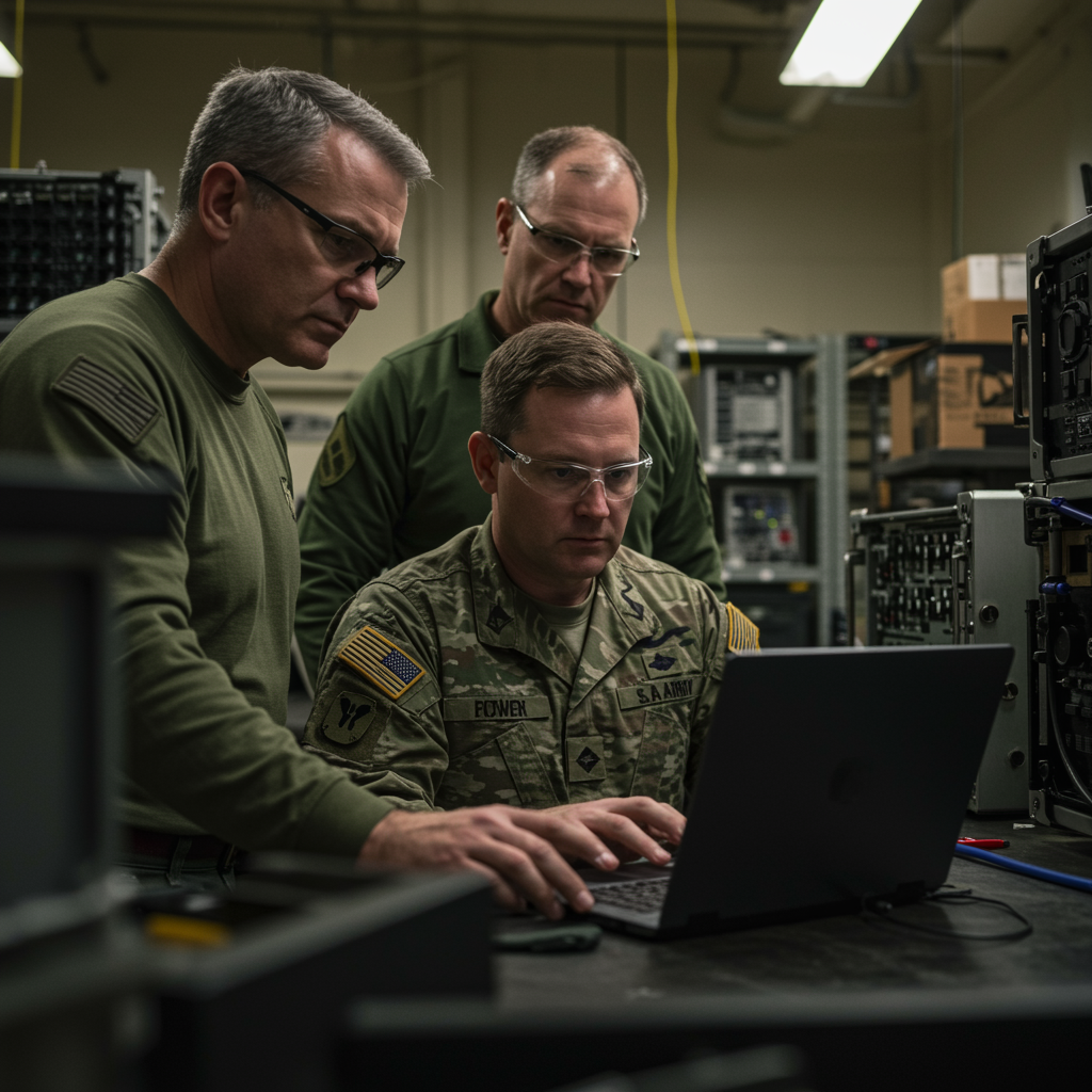 Soldier and civilian engineers collaborating at a workstation in a signal equipment bay